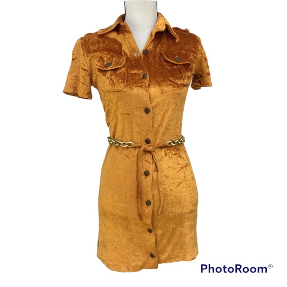 Vintage Dresses & Skirts - Vintage 60s Gold Mini Shirtdress With Chain Belt